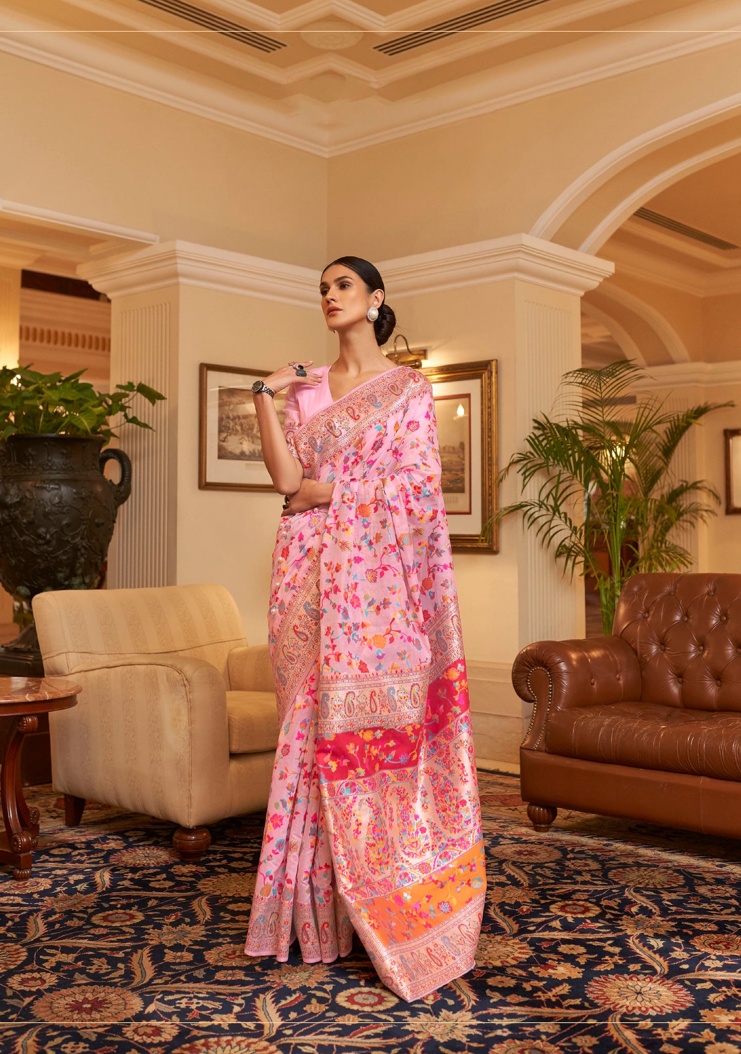 Baby Pink Kashmiri Silk Woven Saree