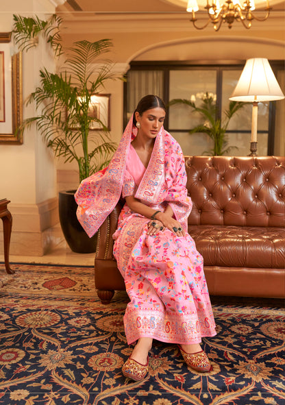 Baby Pink Kashmiri Silk Woven Saree