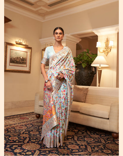 Sky Blue Kashmiri Silk Woven Saree