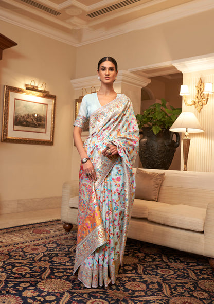 Sky Blue Kashmiri Silk Woven Saree