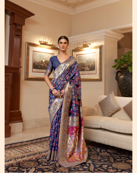 Navy Blue Kashmiri Silk Woven Saree