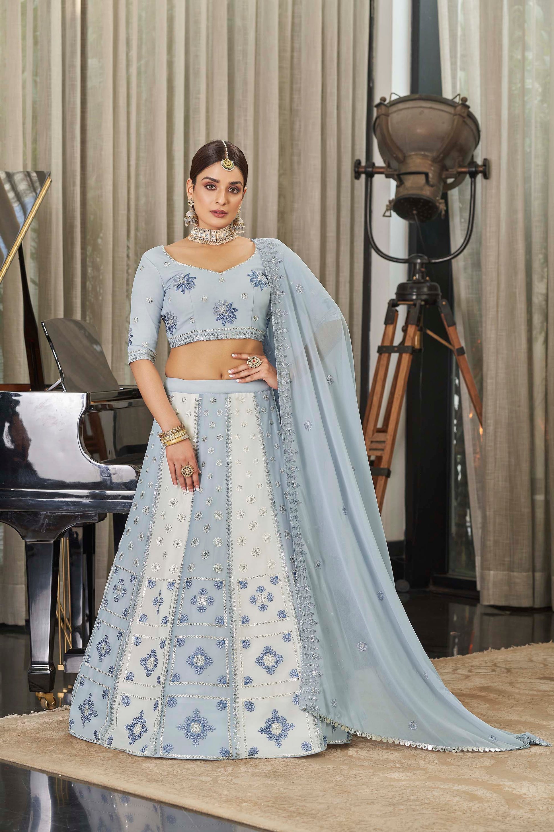 Grey and Off White Sequins Embroidery Lehenga