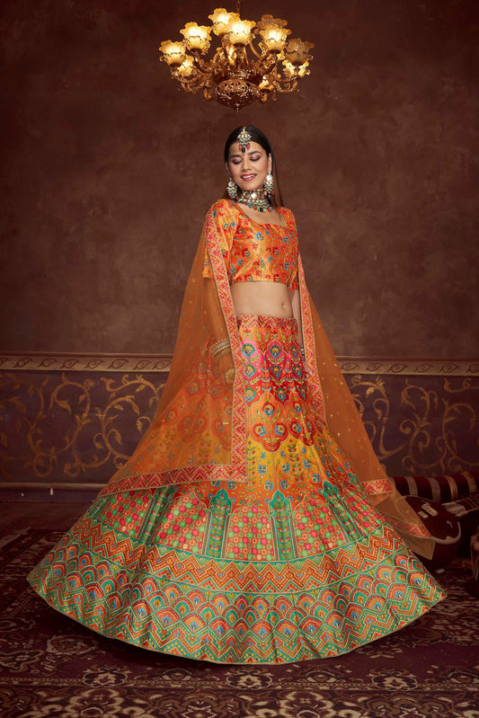Orange Art Silk Printed Wedding Wear Lehenga