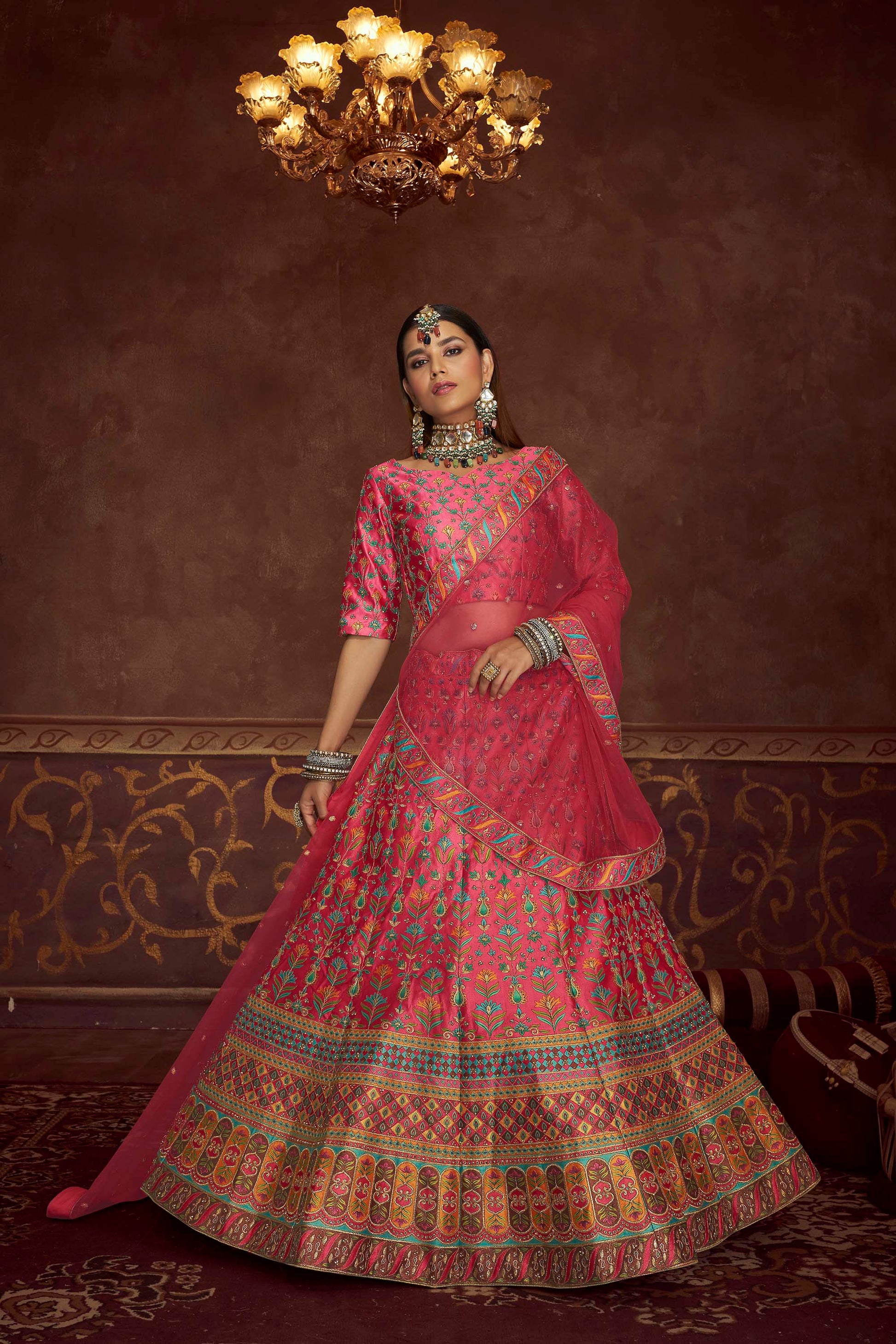 Pink Art Silk Wedding Wear Lehenga 2023