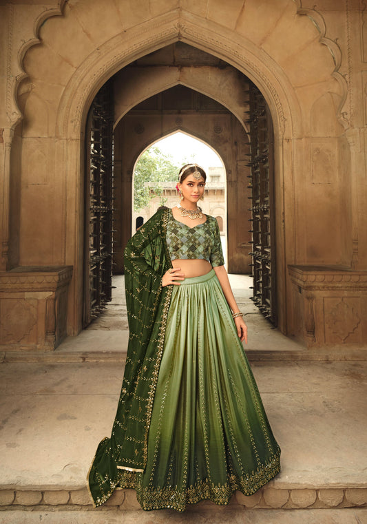 Green Sequins Work Silk Lehenga Choli for Mehendi 2163a