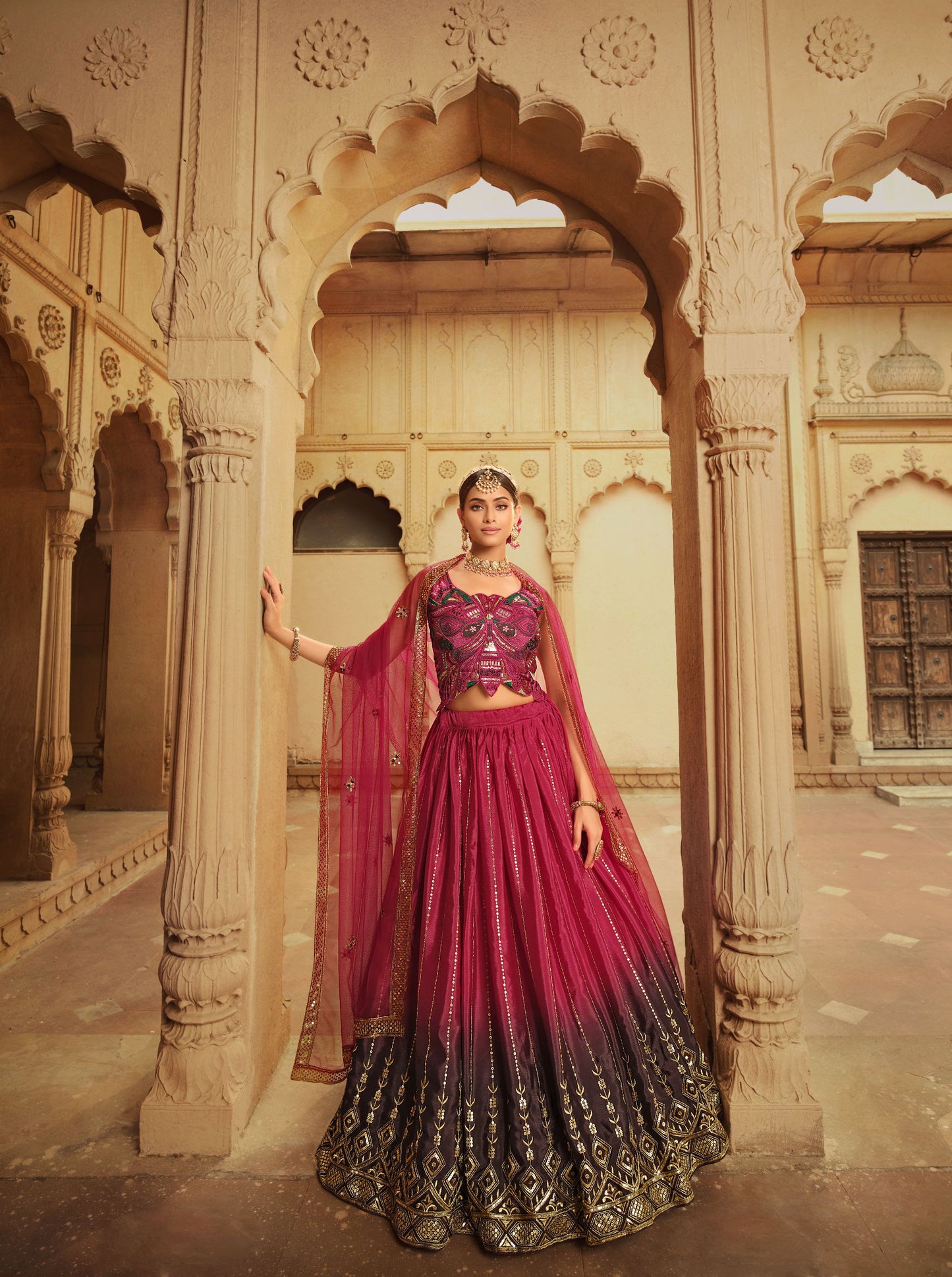 Dark Pink Color Sequins Work Lehenga for Mehendi 2164