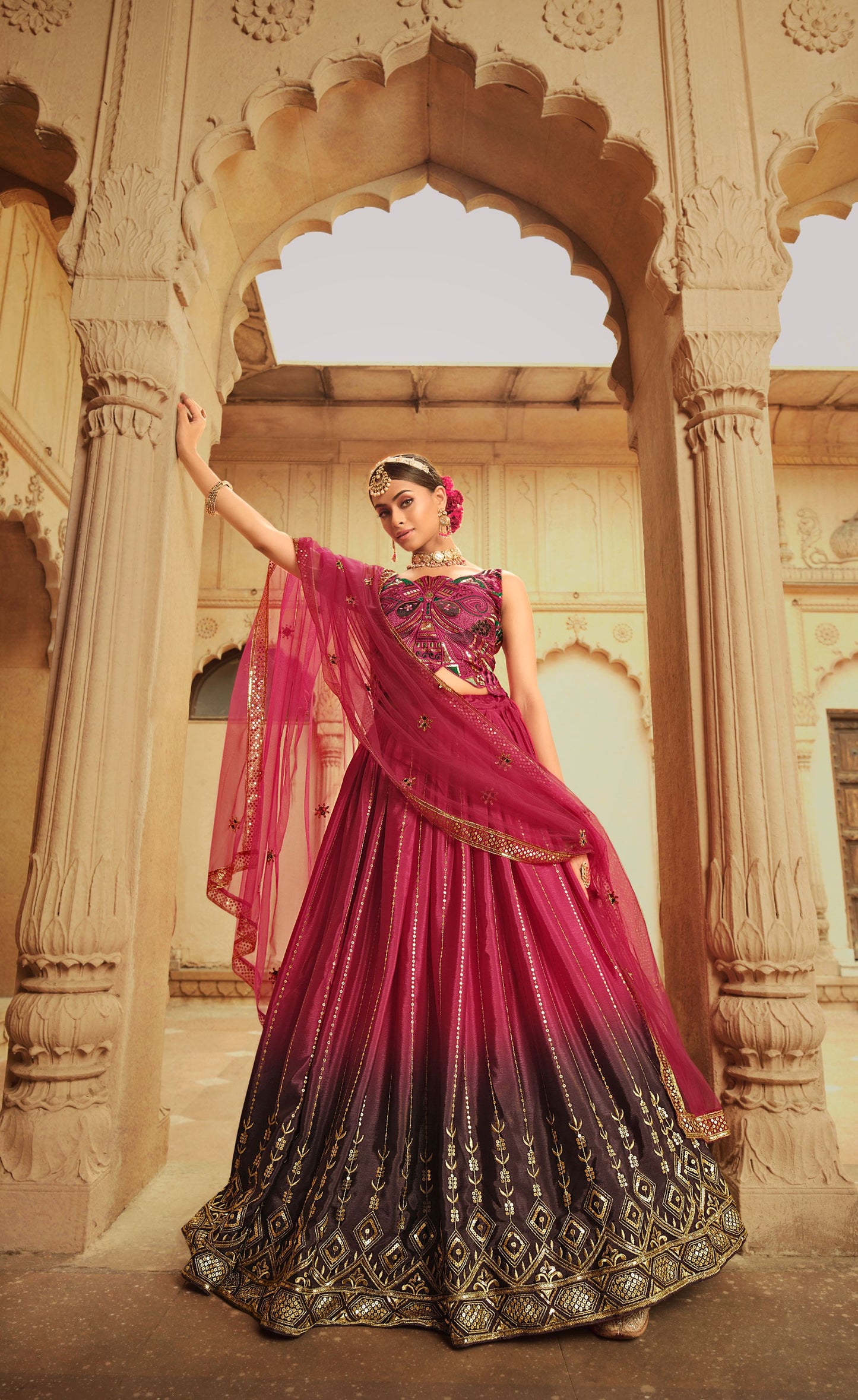 Dark Pink Color Sequins Work Lehenga for Mehendi 2164