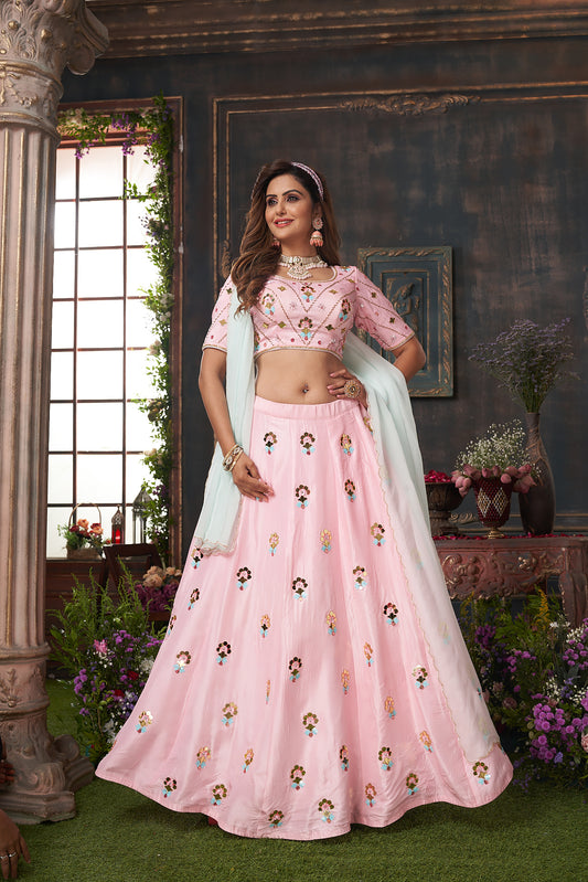 Pastel Pink Hand Embroidered Lehenga Set for Engagement SC021