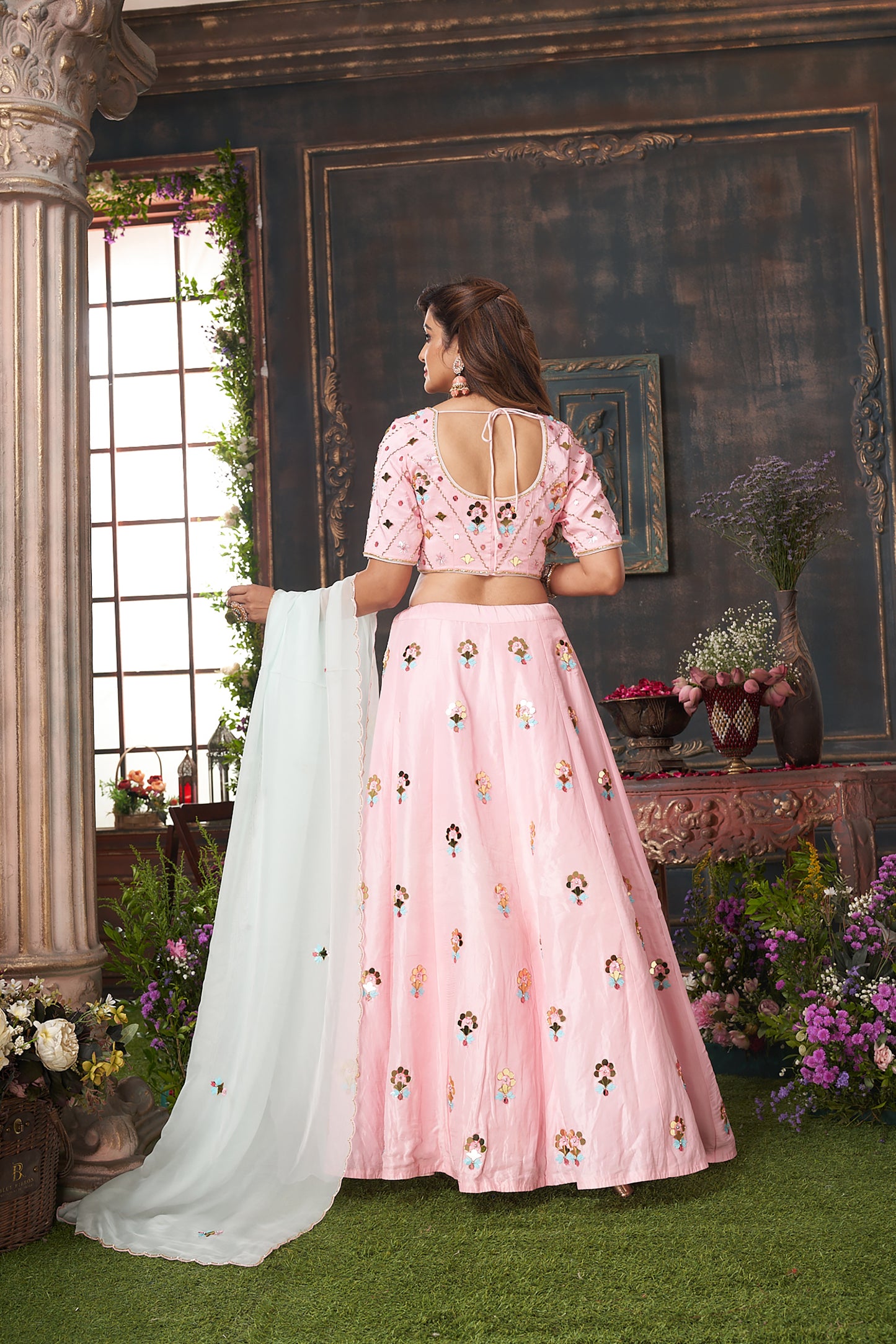Pastel Pink Hand Embroidered Lehenga Set for Engagement SC021