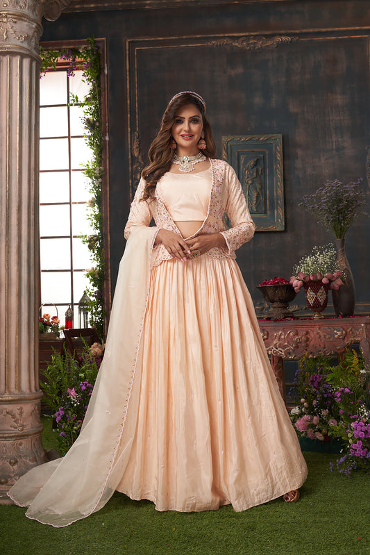 Pastel Peach Lehenga with Peplum Jacket for Bridesmaid sc022