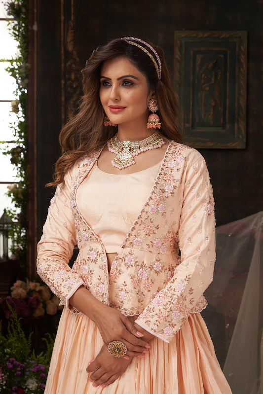 Pastel Peach Lehenga with Peplum Jacket for Bridesmaid sc022