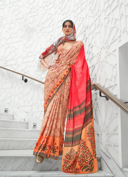 Peach Digital Print Crepe Silk Saree