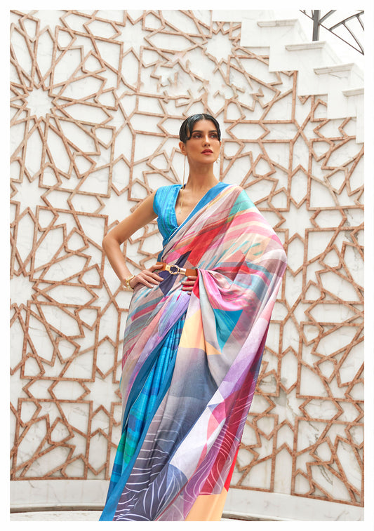 Blue Digital Print Crepe Silk Saree