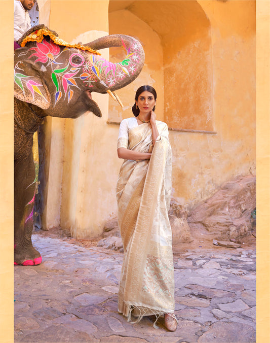 Off-White Embellished Banarasi Silk Saree
