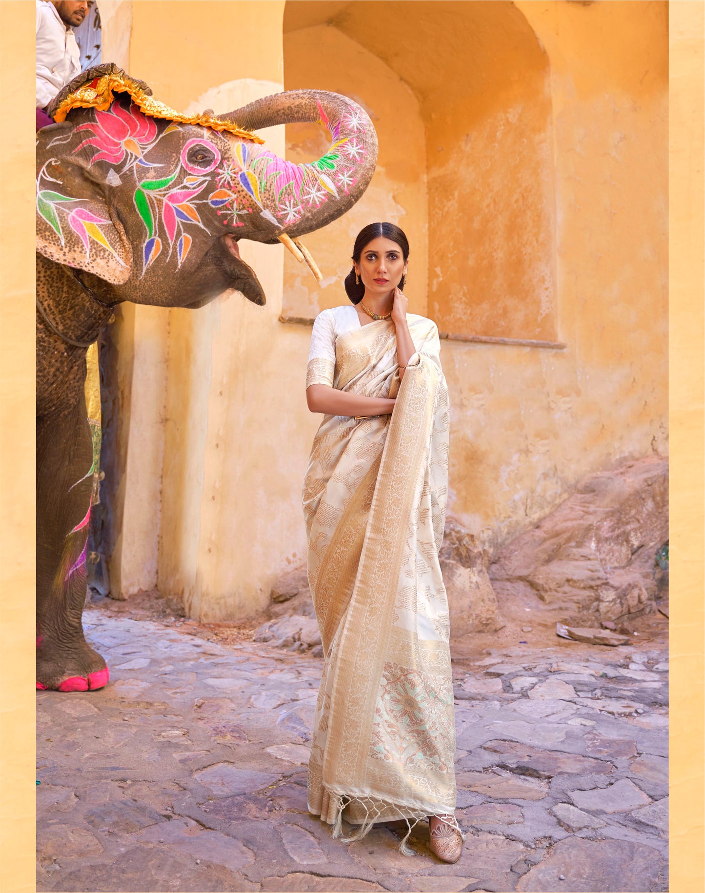 Off-White Embellished Banarasi Silk Saree