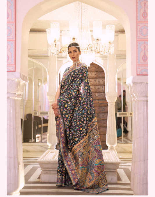 Black Kashmiri Handloom Silk Weave Saree