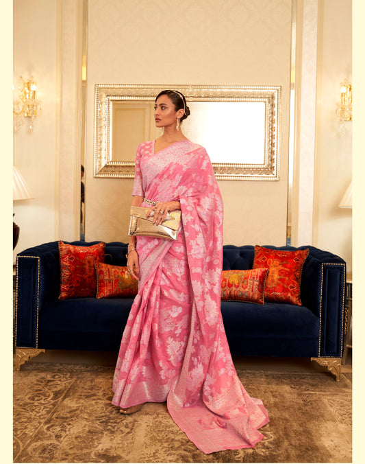 Pink Chikankari Style Cotton Silk Saree