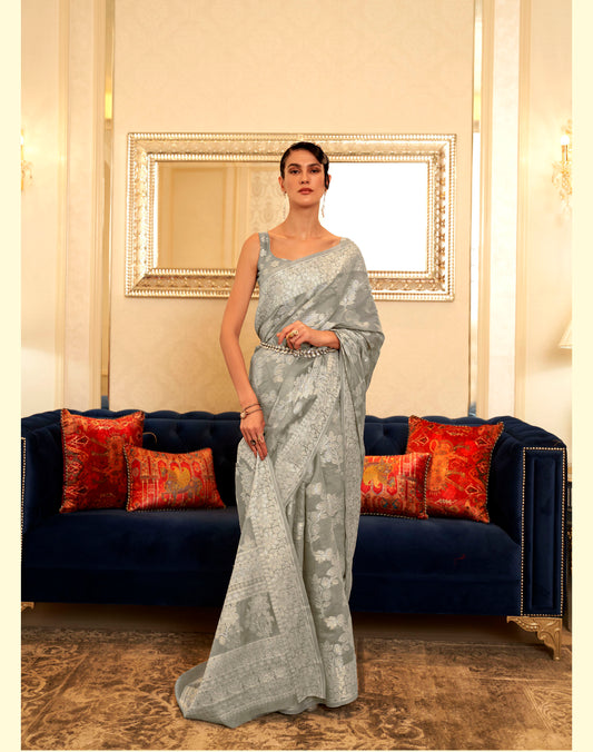 Grey Chikankari Style Cotton Silk Saree