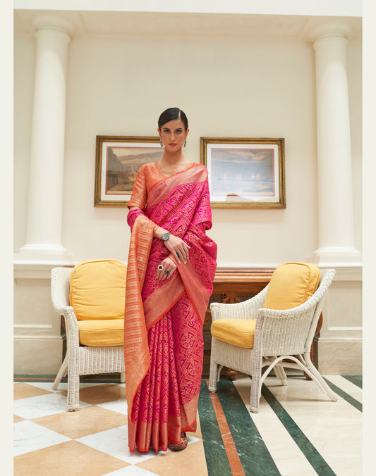 Attractive Pink Patola Style Silk Woven Saree