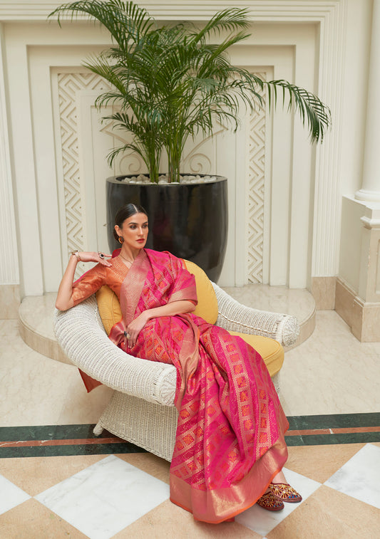 Pink Patola Style Silk Woven Saree