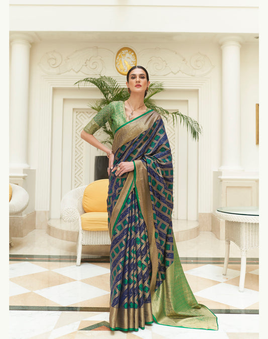 Green and Blue Patola Style Silk Woven Saree