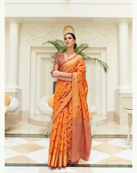 Orange Patola Style Silk Woven Saree