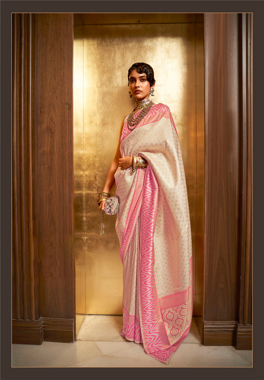 Off-White and Pink Fancy Banarasi Silk Saree