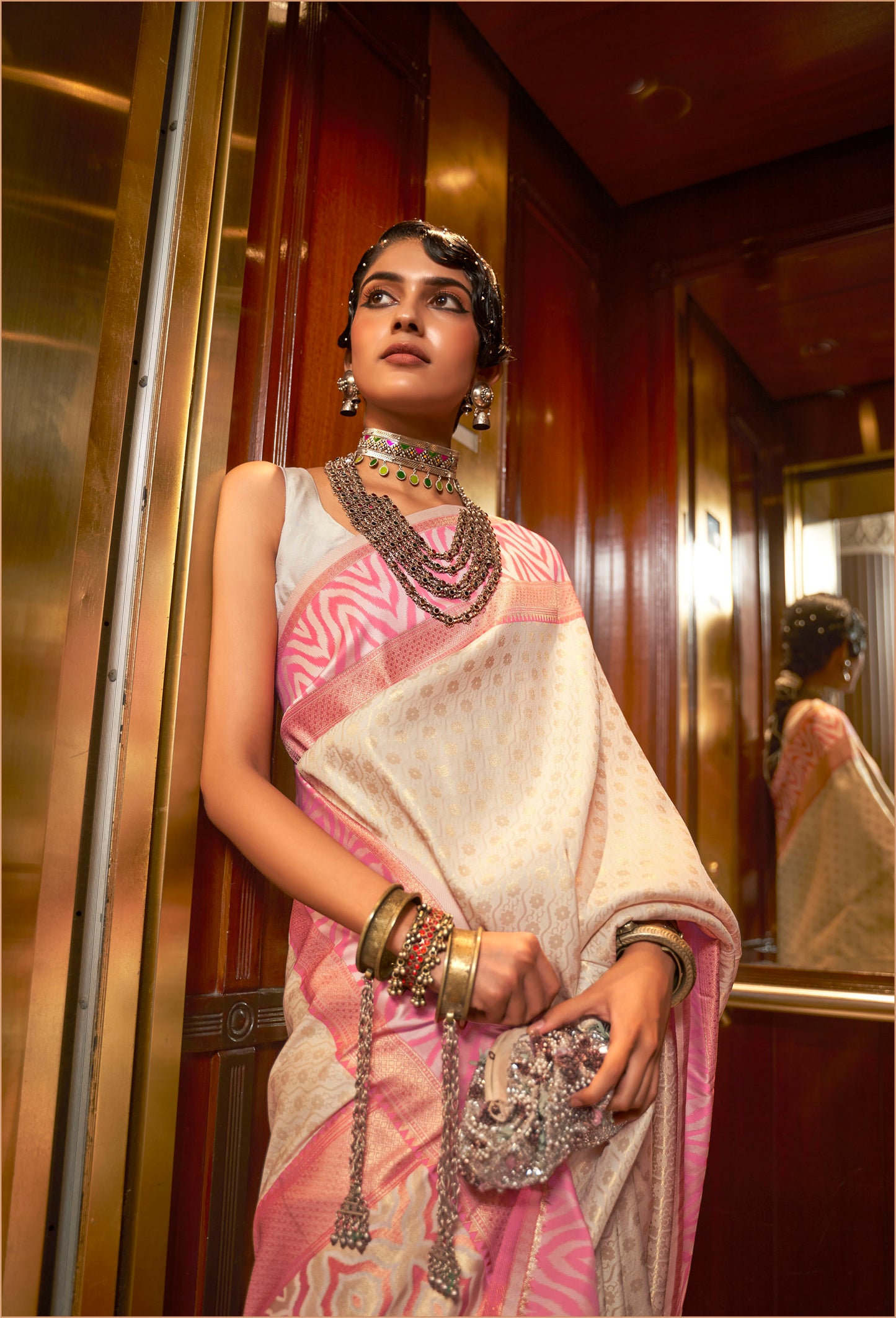 Off-White and Pink Fancy Banarasi Silk Saree