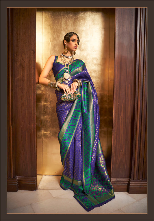 Indigo Blue and Green Fancy Banarasi Silk Saree