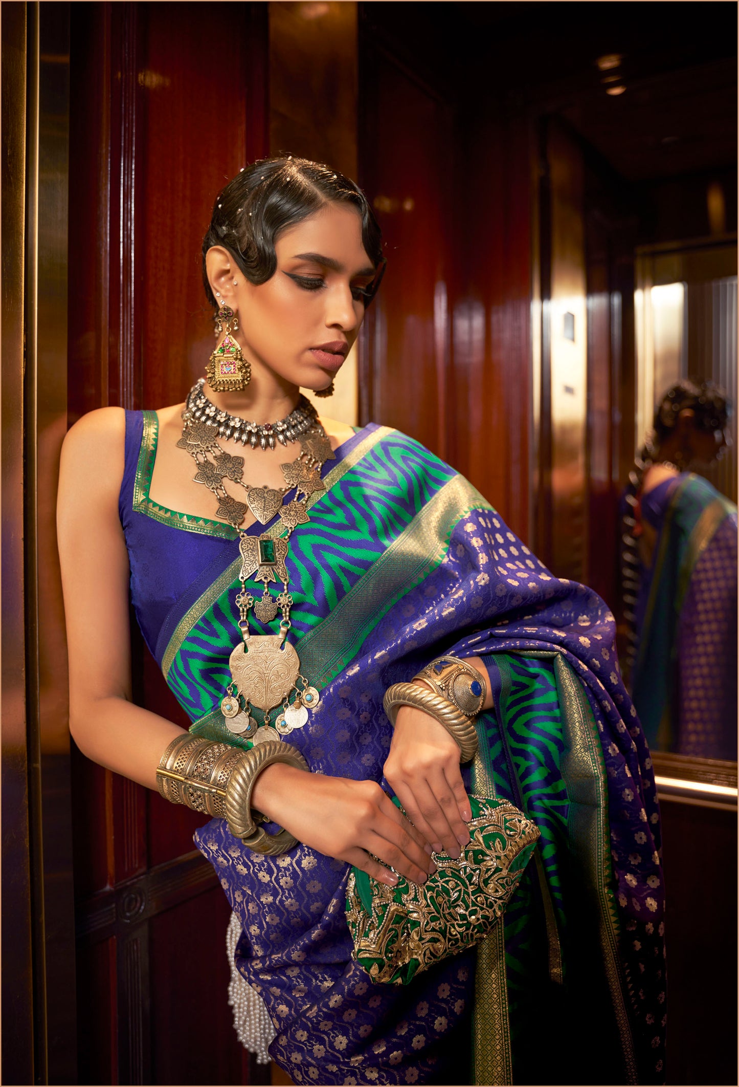 Indigo Blue and Green Fancy Banarasi Silk Saree