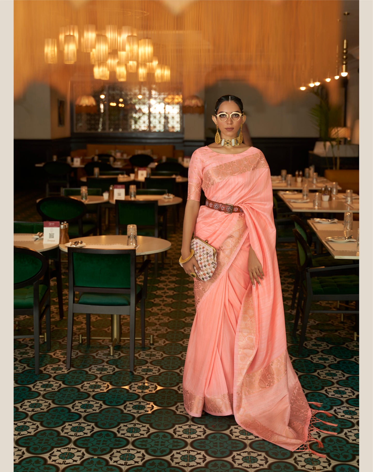 Peach Partywear Tussar Silk Saree