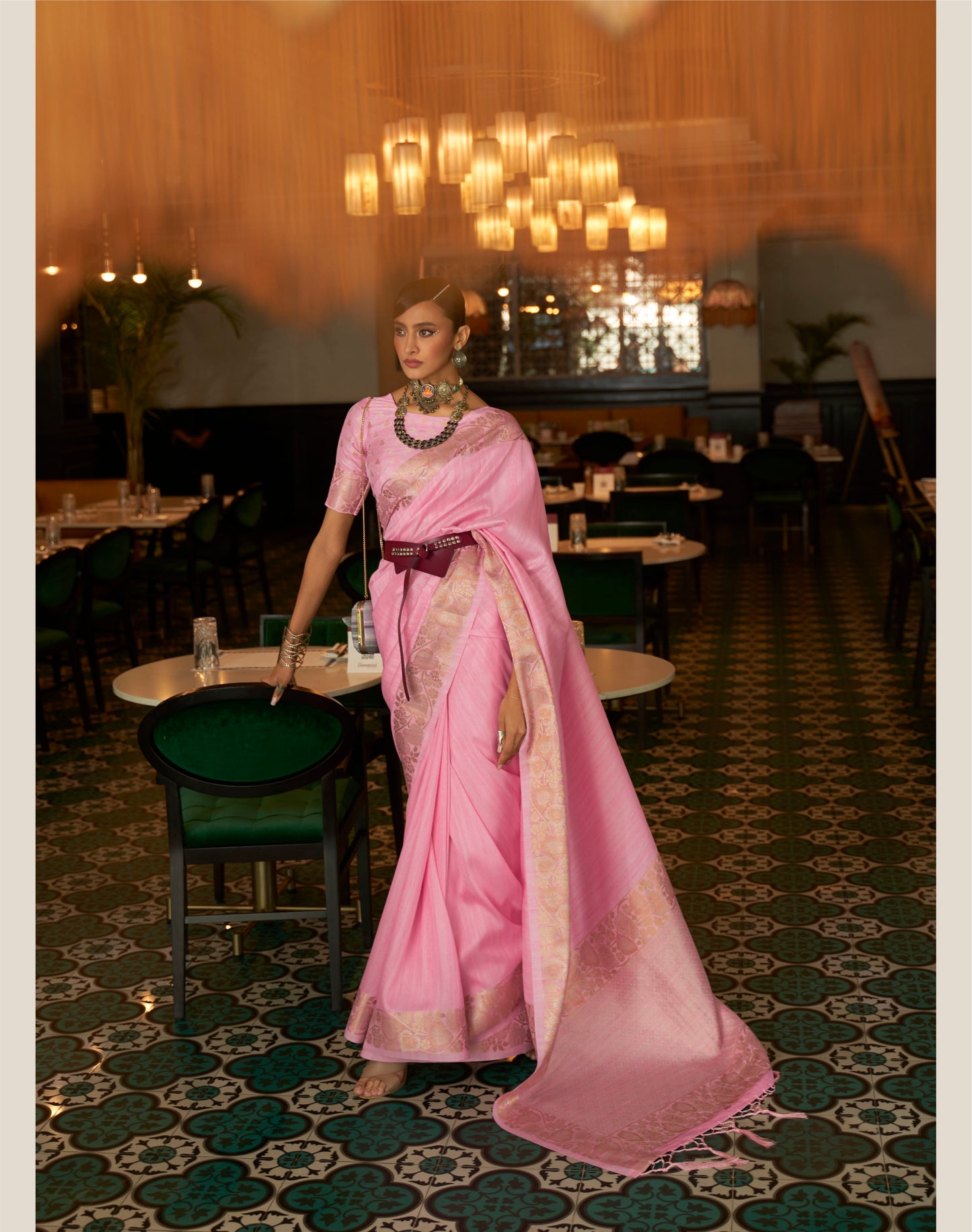 Baby Pink Partywear Tussar Silk Saree