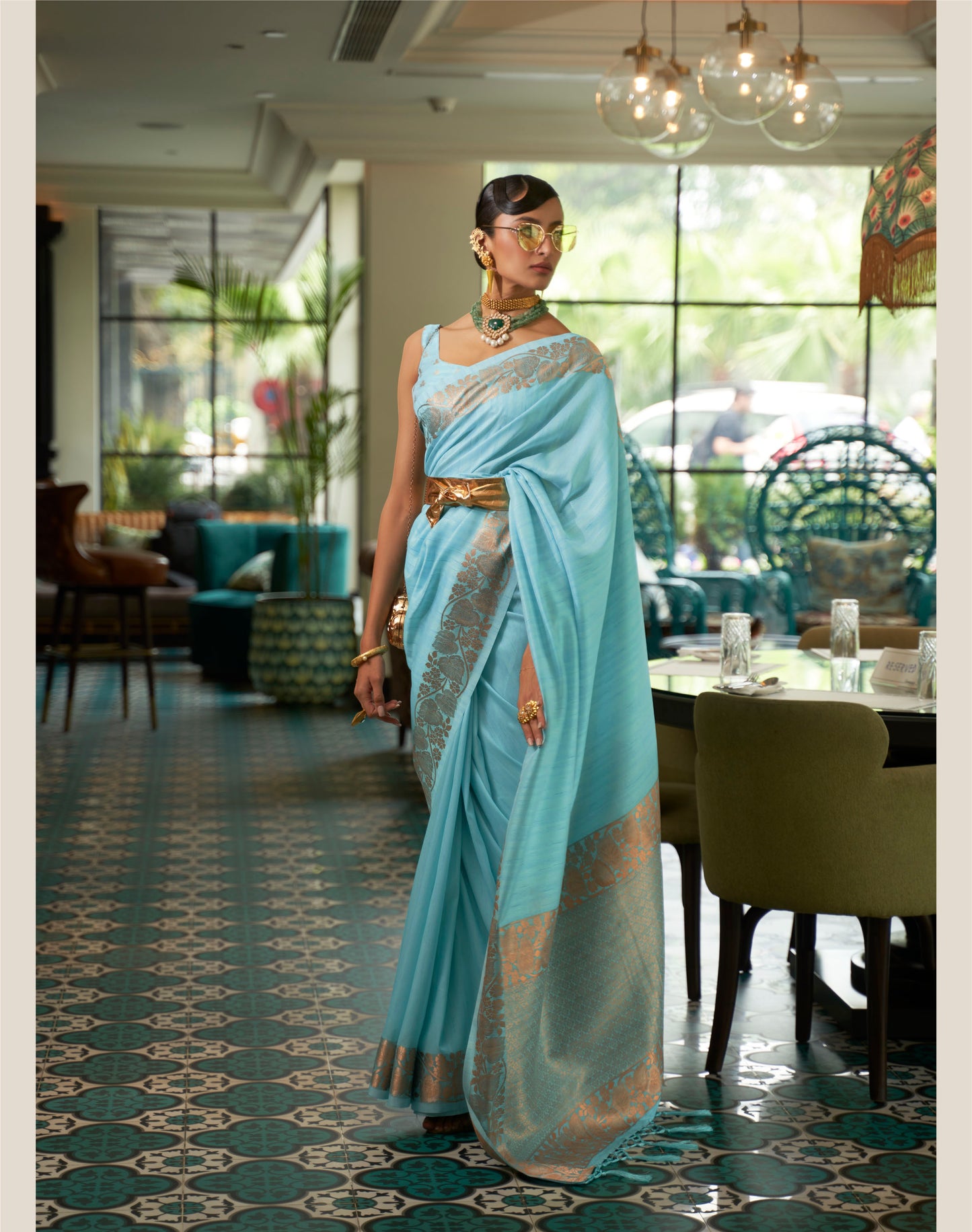 Sky Blue Partywear Tussar Silk Saree