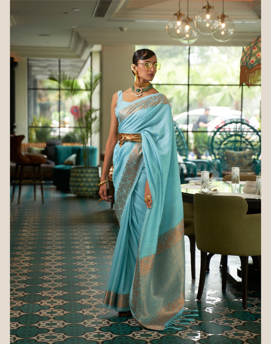 Sky Blue Partywear Tussar Silk Saree