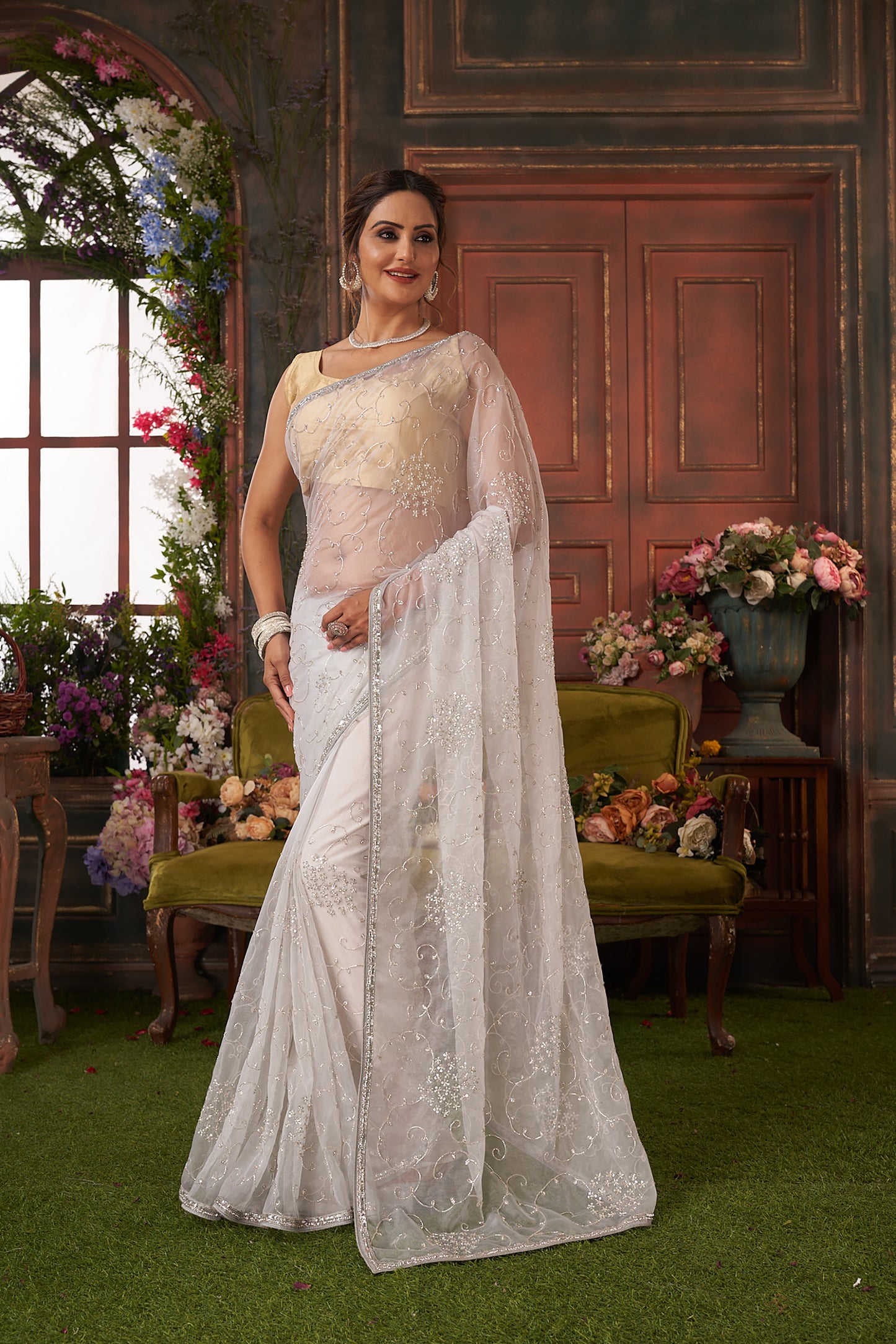 Beautiful White Hand Embroidered Organza Saree for Bridesmaid