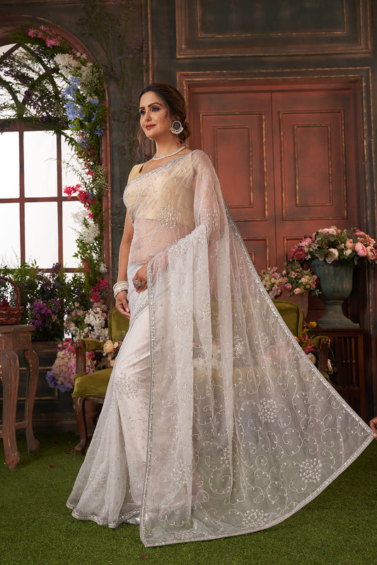 Beautiful White Hand Embroidered Organza Saree for Bridesmaid