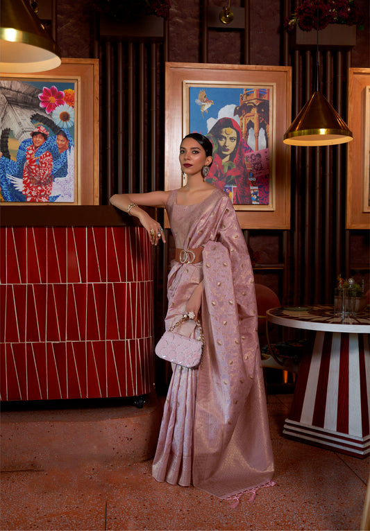 Pink Banarasi Partywear Woven Silk Saree
