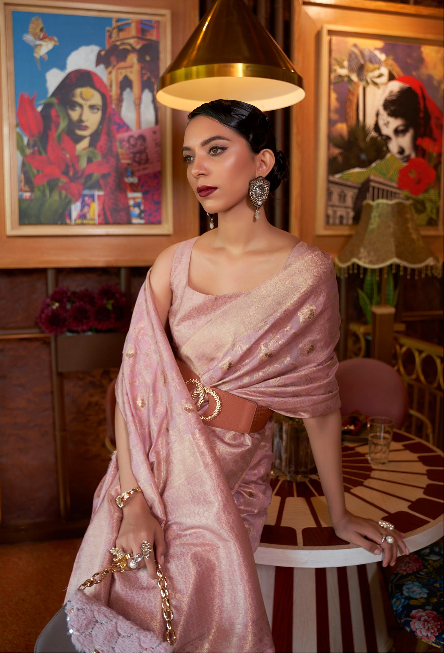 Pink Banarasi Partywear Woven Silk Saree