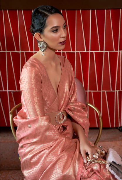 Peach Banarasi Partywear Woven Silk Saree