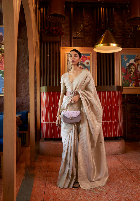 Off-White Banarasi Partywear Woven Silk Saree