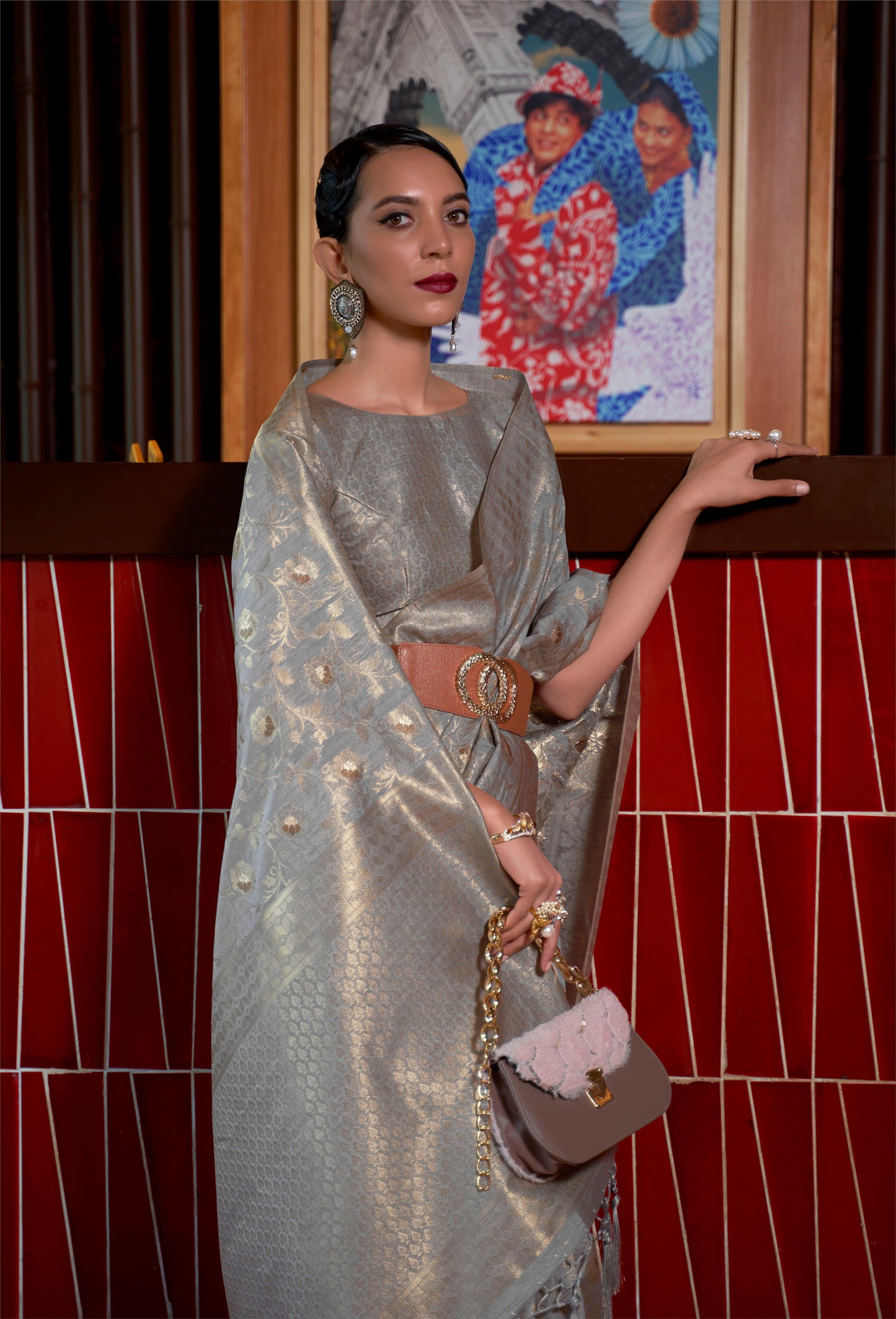 Grey Banarasi Partywear Woven Silk Saree