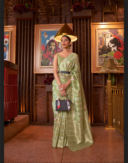 Pastel Green Designer Classic Linen Silk Saree