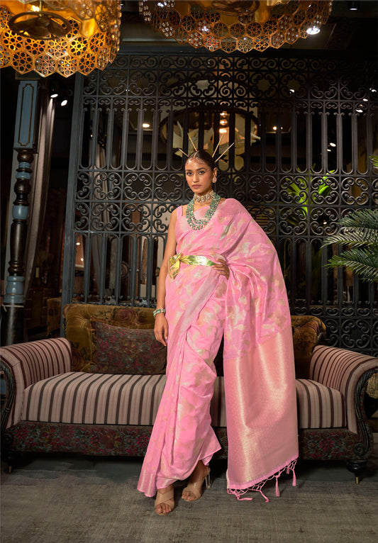 Baby Pink Zari Woven Banarasi Silk Saree