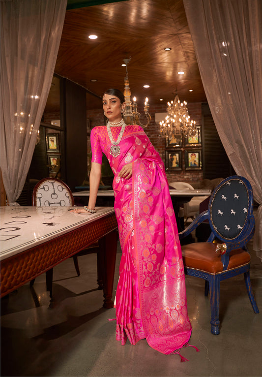 Pink Zari Weaving Satin Silk Saree