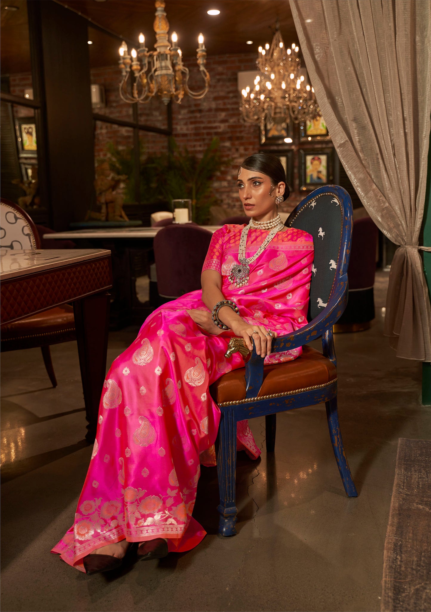 Pink Zari Weaving Satin Silk Saree