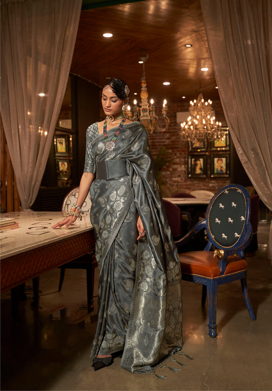 Grey Zari Weaving Satin Silk Saree