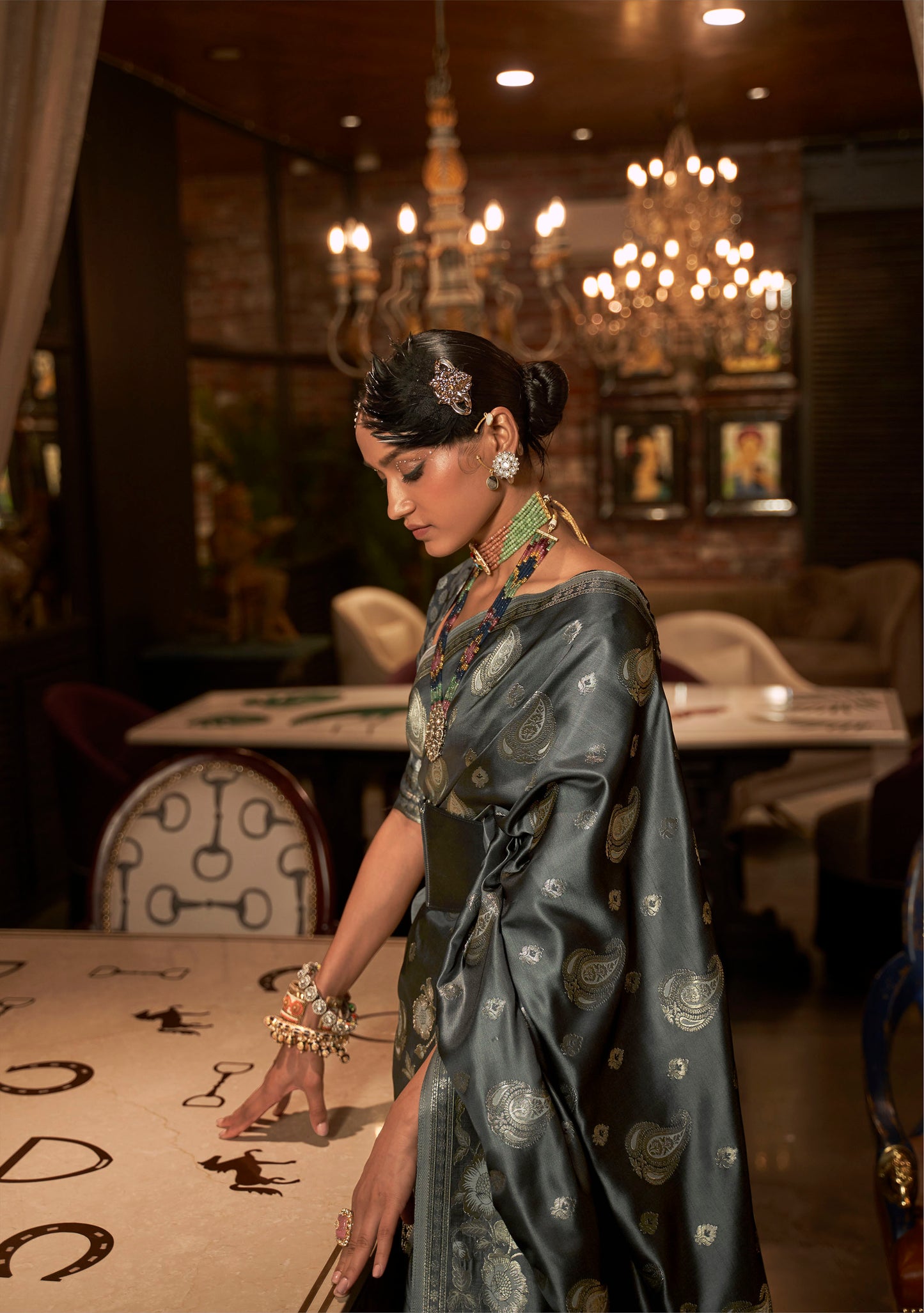 Grey Zari Weaving Satin Silk Saree