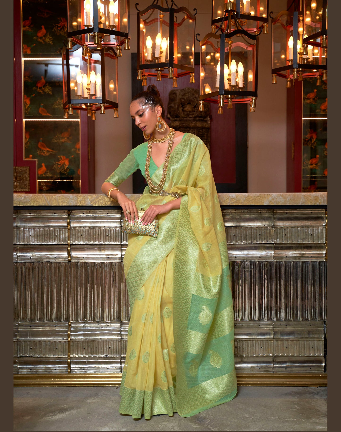 Lime Yellow and Green Linen Silk Woven Saree