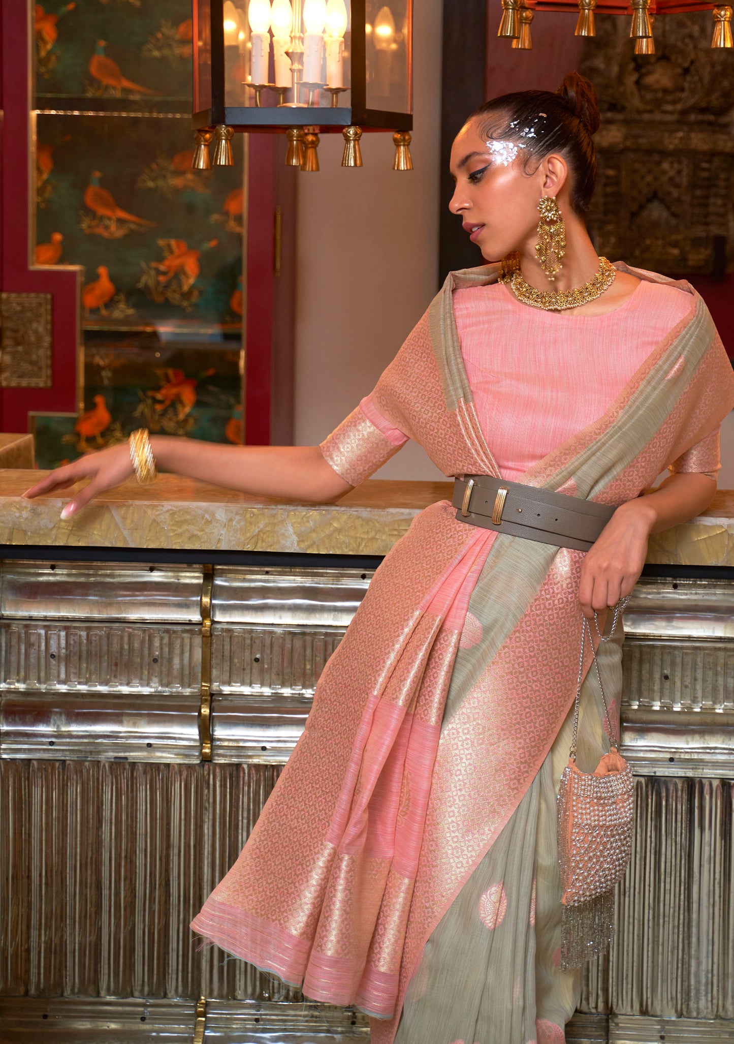 Grey and Pink Linen Silk Woven Saree