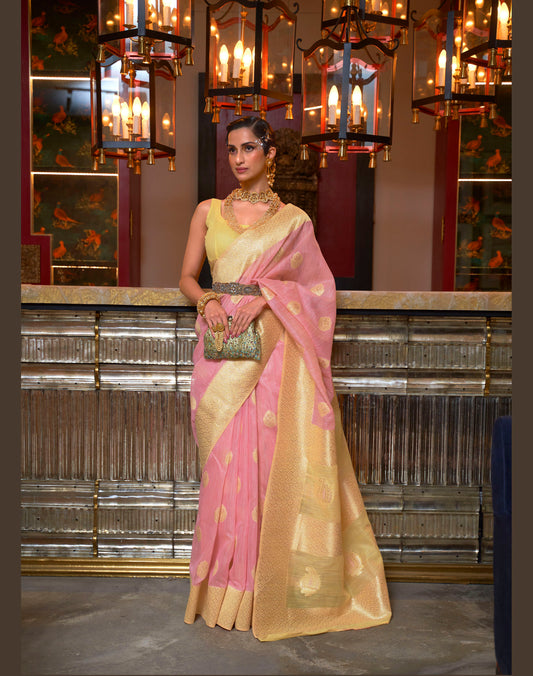 Pastel Pink and Yellow Linen Silk Woven Saree